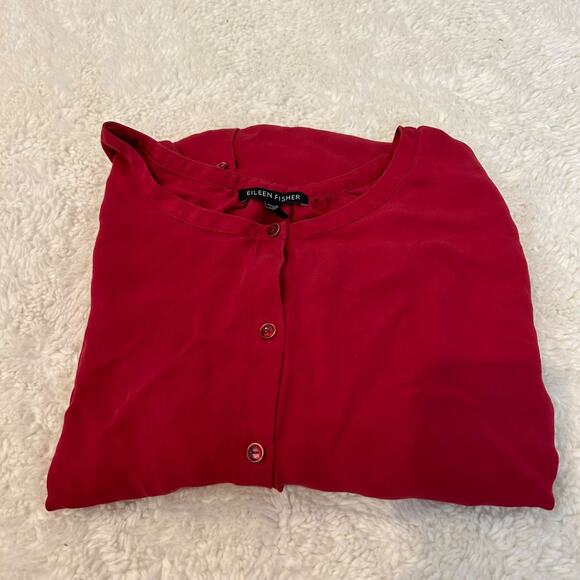 Eileen Fisher Womens Tunic Button Up Waist Tie Top 100% Silk In Red Sz Small‎ - Picture 1 of 6